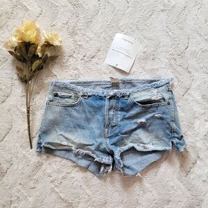 NSF Fringe Hem & Waist Hidden Button Close Blue Denim Distressed Shorts Size 26